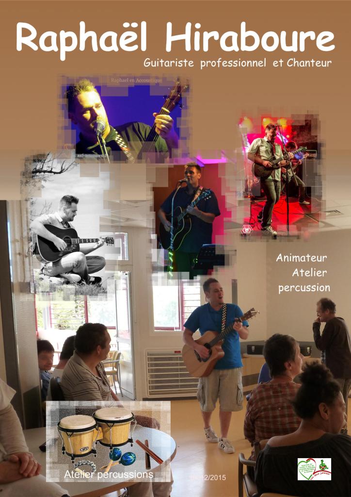 Sur fond de couleur, plusieurs photos de Raphael Hiraboure en concert et à l'hopital marin de hendaye