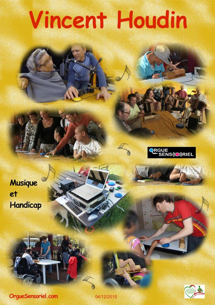 sur fond de couleur, plusieurs vues de l'orgue sensoriel et de personnes qui l'utilisent, à l'hopital marin de hendaye ou dans d'autres lieux, avec vincent houdin