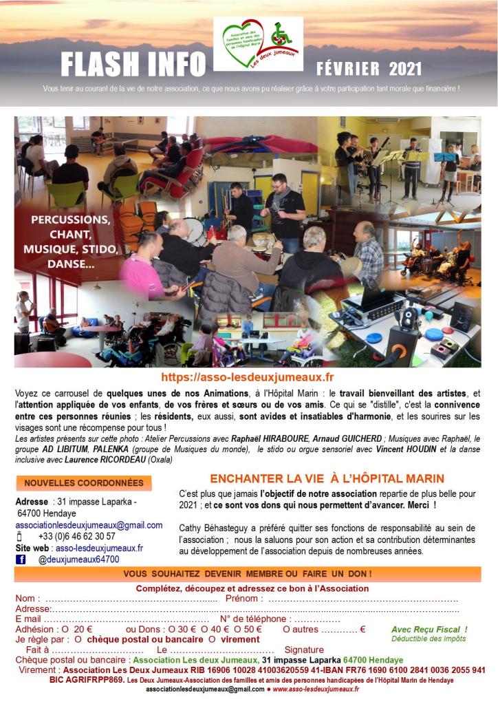Flash infos février 2021. Une photo composée de 10 activités, un texte d'information des nouvelles coordonnées de l'association et un bulletin d'adhéion