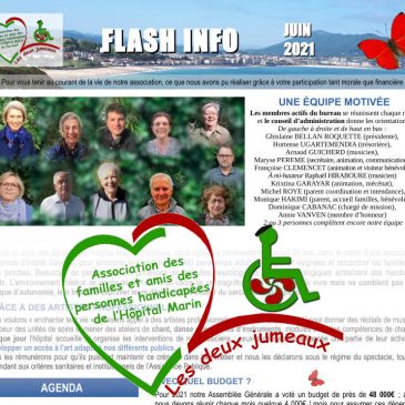 bandeau titre : flash info juin 2021 avec une photo de portraits groupés des principaux membres et en grand le logo de notre association