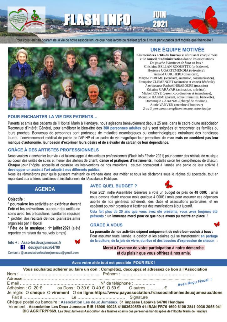 bandeau titre image plage d'hendaye vue de loin avec titre flash info juin 2021 puis photo de 9 portraits regroupés ; paraissent les noms des personnes