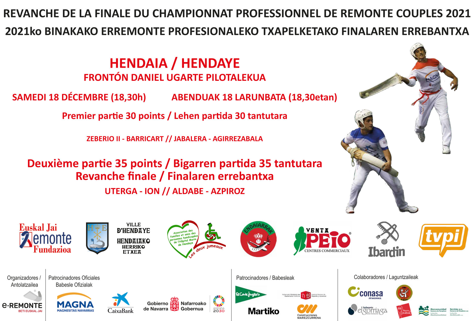 texte revanche de la finale du championnat professionnel de remonte couples 2021, logos divers des sponsors et photo de deux joueurs avec leur gant