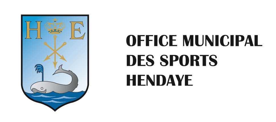 ancien logo de la Ville d'Hendaye : baleine sur fond bleu avec harpons et lettres H et E dorées et texte Office municipal des Sports Hendaye