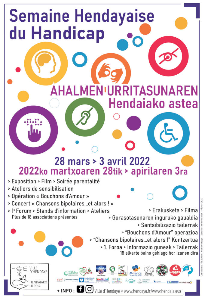 présentation graphique avec des pictos des divers handicaps moteur, cérébral, visuel, malentendants... semaine hendayaise du handicap du 28 mars au 2 avril 2022
