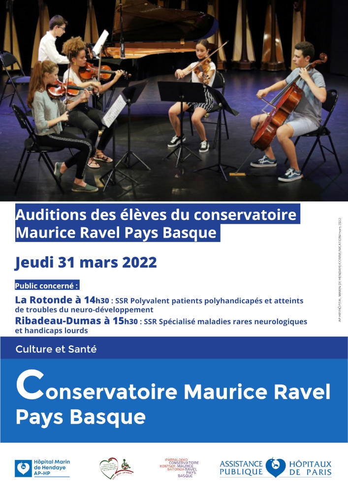 photo de 5 eleves du conservatoire maurice ravel pays basque, du jeudi 31 mars 2022, deux concerts : un à 14h30 à la rotonde et le 2eme à l'unité de soin Ribadeau Dumas à 15h30
