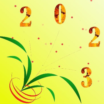 sur fond jaune, bouquet moderne stylisé (feuilles) avec des fleurs composées de 4 chiffre : 2023