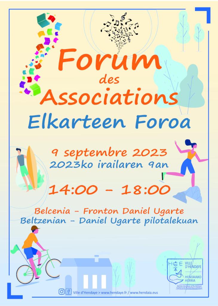 affiche du forum des associations du 9 septembre 2023 à hendaye de 14 à 18 heures. Quelques personnages stylisés, textes couleur sur fond blanc