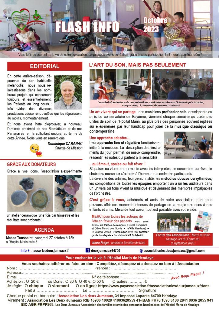 Flash info octobre avec des photos de musiciens, de céramique, de la partie de remonte avec mise en avant de la musique, art du son mais pas seulement