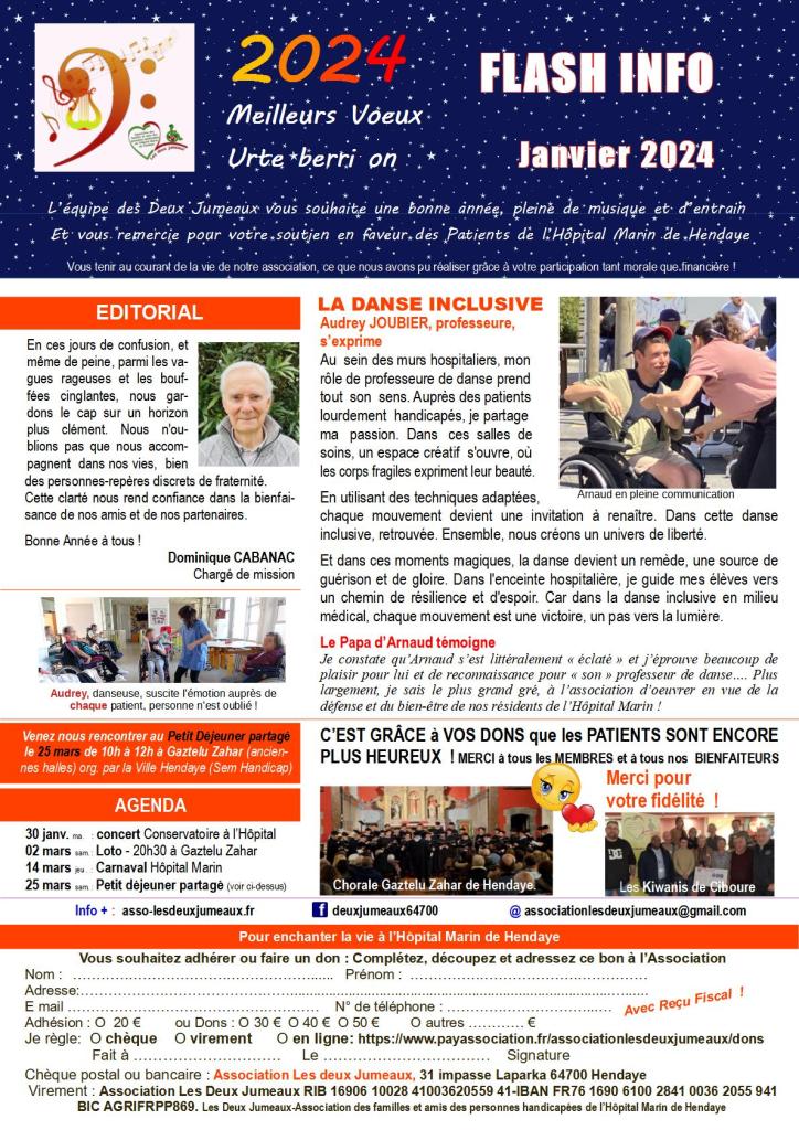 bande supérieure meilleurs voeux, titre flash info janvier 2024, 2photos de danse avec un patient et en groupe, une photo de la chorale gaztelu zahar de hendaye et d'une remise de chèque de la part des Kiwanis.