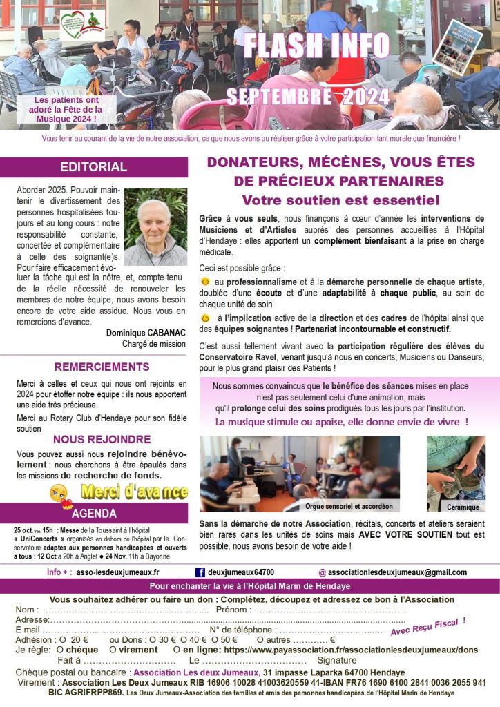 Bandeau haut horizontal : fête de la musique 2024 patients de dos ou floutés, musiciens au fond ainsi que la danseuse. Atelier Orgue sensoriel avec deux animateurs, un maniant l'ordinateur l'autre jouant de l'accordéon et les patients de dos et atelier céramique deux mains sur une céramique en forme de papillon. Photo du chargé de mission