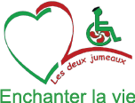 logo de l'association en forme de coeur composé de couleurs : vert et rouge Le vert représente une moitié de coeur et le rouge représente le chiffre 2 qui comporte un dessin stylisé d'une personne sur fauteuil roulant et le texte "les deux jumeaux" et paraît en dessous le slogan de l'association : enchanter la vie.