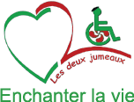 logo de l'association en forme de coeur composé de couleurs : vert et rouge Le vert représente une moitié de coeur et le rouge représente le chiffre 2 qui comporte un dessin stylisé d'une personne sur fauteuil roulant et le texte "les deux jumeaux" et paraît en dessous le slogan de l'association : enchanter la vie.