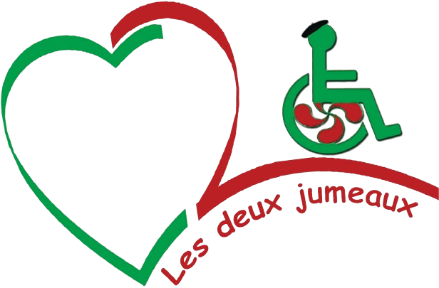 logo de l'association en forme de coeur composé de couleurs : vert et rouge Le vert représente une moitié de coeur et le rouge représente le chiffre 2 qui comporte un dessin stylisé d'une personne sur fauteuil roulant et le texte "les deux jumeaux"