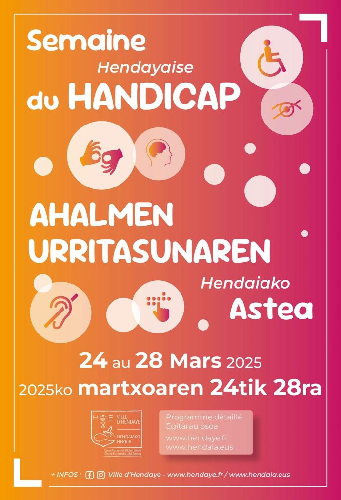 fond degradé de jaune vers rose et icones relatives aux divers handicaps oreille, braille, langue signes, cerveau, malvoyance, pmr