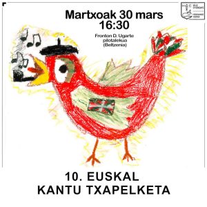 un coq rouge coiffé d'un béret ouvre le bec et chante