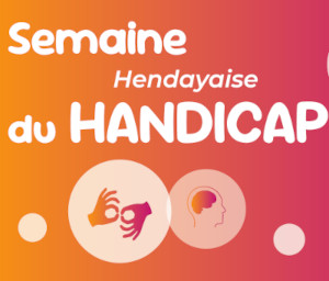 fond dégradé jaune à magenta, icones : langue des signes et cerveau, texte : semaine hendayaise du handicap