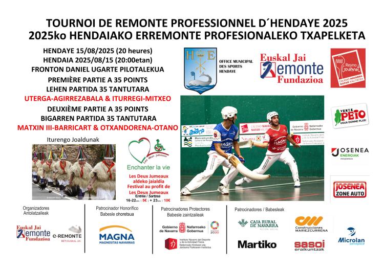 photo de 2 joueurs de remonte et de joaldunak avec différents encarts publicitaires, et divers logos