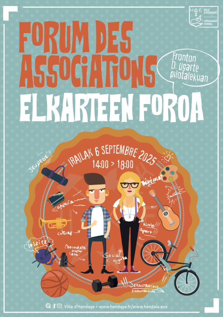 deux personnes stylisées entourées de nombreux objets : guitare, vélo, ballon, pelote de laine.....