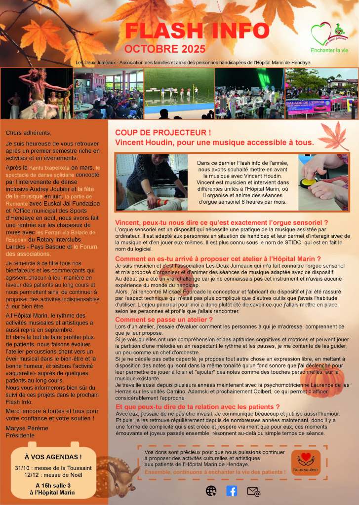 Flash info sur fond d'automne avec 5 photos de divers événements : danse, fête de la musique, compétition de remontée, forum des associations, balade de l'espoir (ferrari) et 2 photos de l'activité Orgue sensoriel avec animateur et patient.