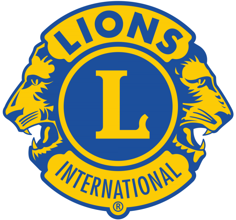 sur un cercle fond bleu deux têtes de lion de profil en jaune à droite et à gauche et texte de couleur jaune en haut "Lions" et en bas "International"