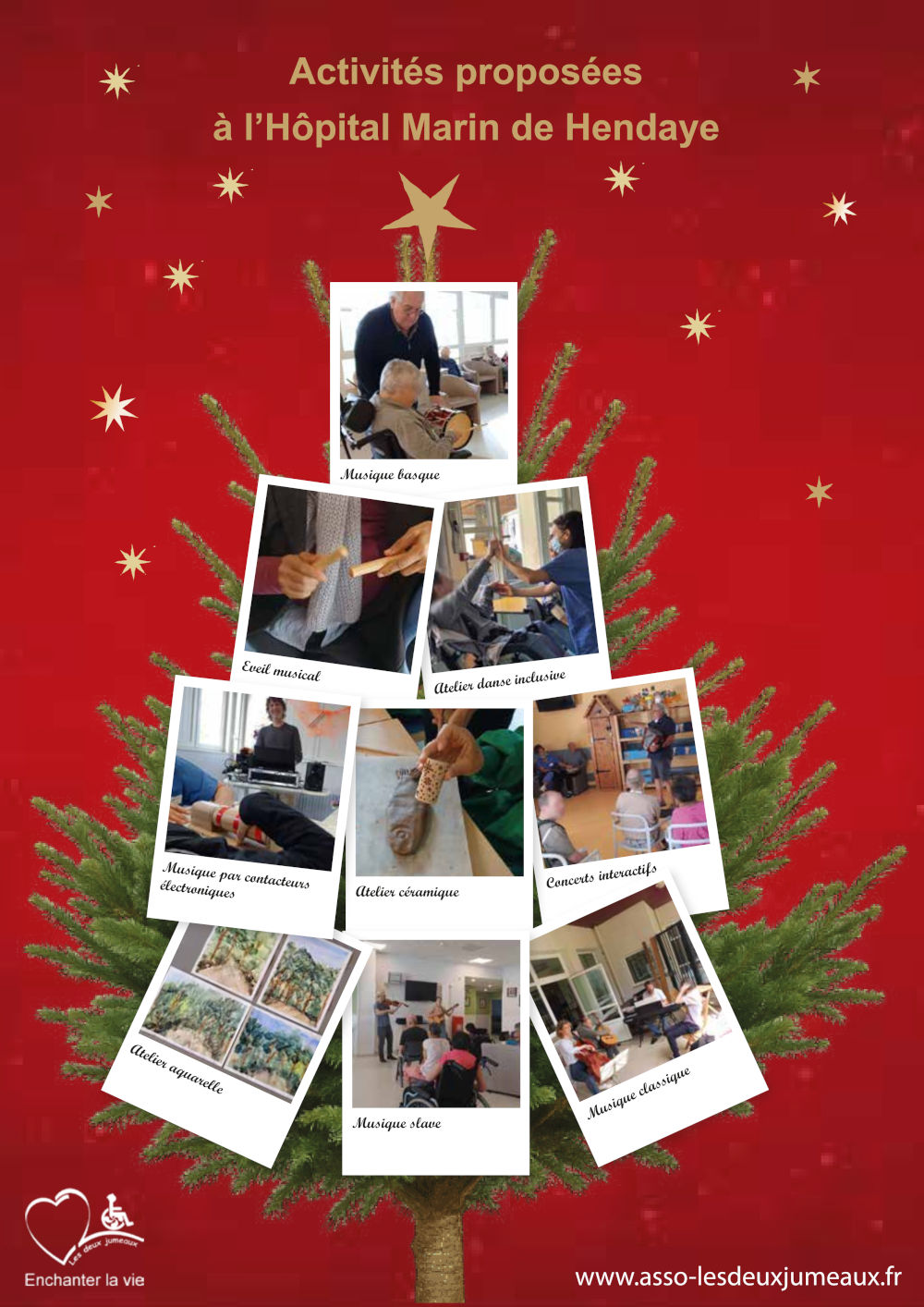 fond rouge, sapin vert décoré de photos représentant les diverses activités que l'association propose aux patients de l'Hôpital marin de Hendaye