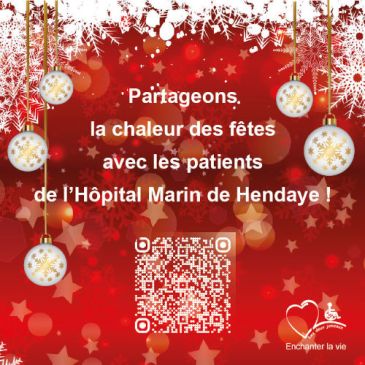 fond rouge décoré : boules, étoiles, glaçons avec le qr code cagnotte de noel