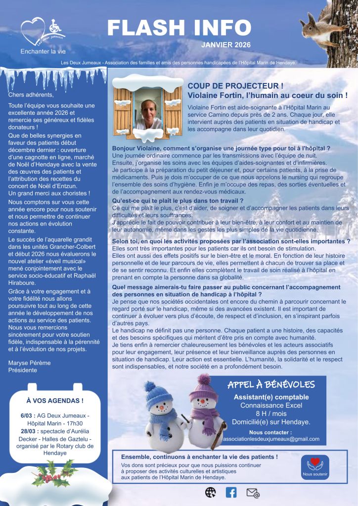 document de couleur bleue, un bandeau en haut avec paysage de montagne et un petit écureuil qui apparaît à droit, la photo d'une aide soignante apparaissant dans une fenetre ouverte, deux petits bonhommes de neige