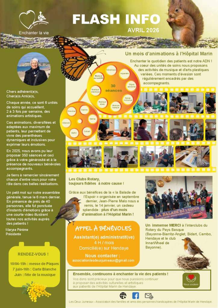 de couleur kaki, il présente un petit écureuil sur une branche, un papillon et deux oiseaux pour décorer une série de photos d'activités artistiques présentée sous forme de pellicule de film, plus une photo de remise de chèque du Rotary Inter Clubs. photo de la présidente