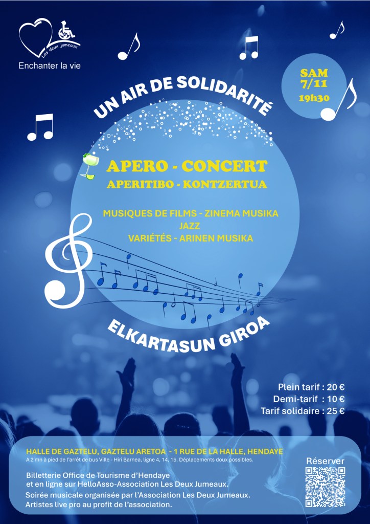 affiche bicolore (bleu, écriture jaune) sur fond bleu un rond contenant les informations et en bas de l'affiche des gens en bleu plus foncé ; une portée et des notes musicales décorent l'affiche